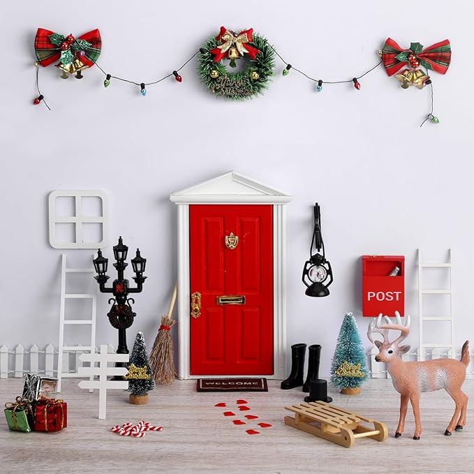 Shappy 39 Pcs Christmas Fairy Door Kit Wooden Elf Fairy Doors Decorations with Accessories Mini Door Tiny Miniature for Christmas Tale DIY Craft Garden Home Party Decoration(Red)
