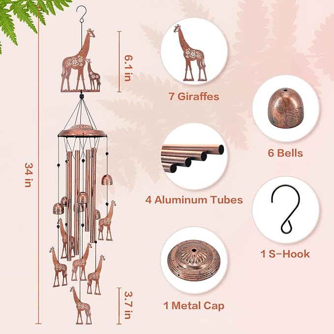Giraffe Wind Chimes Outdoor Giraffe Gifts for Women/Men/Mom/Wife/Grandma Birthday Gifts Memorial Gift Metal WindChimes for Outside/Indoors, Lawn, Patio, Home, Porch, Yard Decor, Garden Decorations
