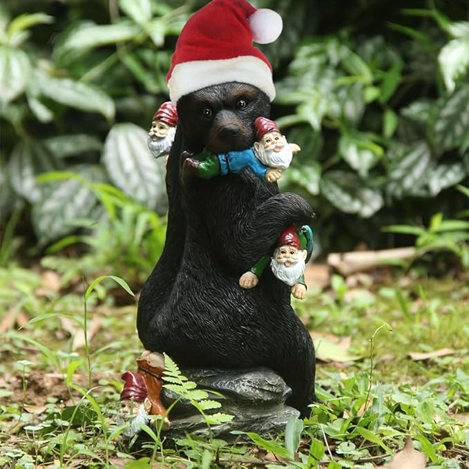 Garden Gnome Figurine Bear Eat Gnomes Statues, Funny Garden Statue for Christmas Outdoor Decoration