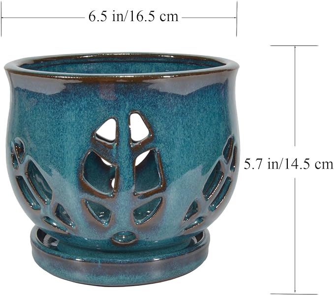 W&W Orchid Pot with Holes and Saucer for Repotting, Teal, 6.5 Inches