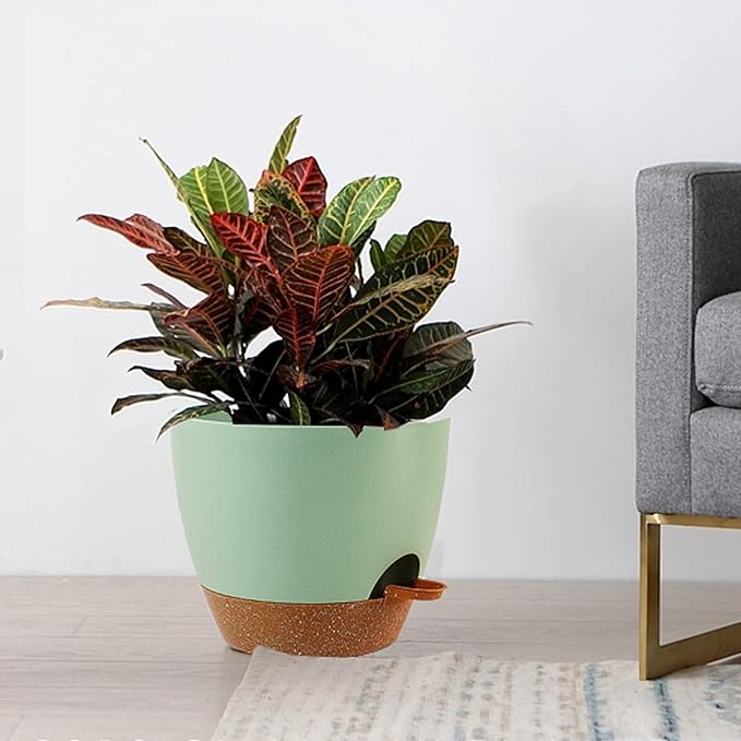 10/9/8 inch Self Watering Pots, Set of 3 Plastic Planters with Mesh Drainage Holes and Deep Reservoir for Indoor Outdoor Garden Plants and Flowers, Green with Brown