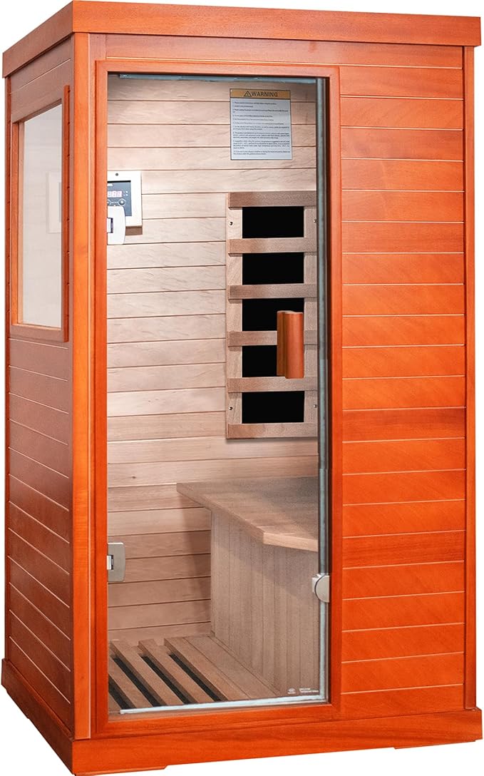 Sauna, Far Infrared Saunas for Home One Person Sauna Okoume Wood 800W/110V Low Emf Dry Sauna Indoor Sauna Room with Tempered Glass Door/Speakers/Air Hole and LED Lighting - 35.2 * 27.6 * 61.6 in
