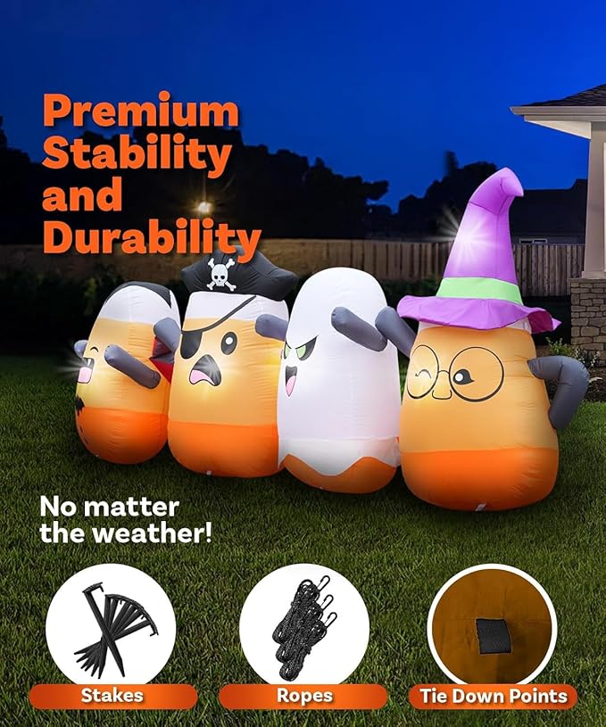 11.5FT Length Halloween Inflatables Four Corn Candy Decoration, Halloween Blow Up Corn Candy Dressed Vampire Pirate Ghost Wizard Built-in 5 LEDs for Yard Lawn Garden Halloween Party Parade