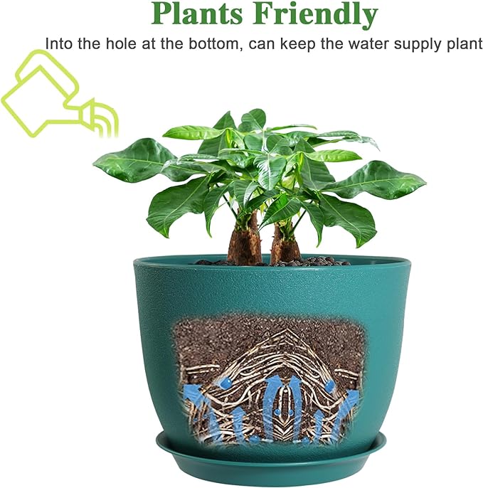 12inch Large Plant Pot, Modern Plastic Planter with High Driange Holes and Saucer for Indoor Outdoor Garden Plants and Flowers, Black with Green Speckles