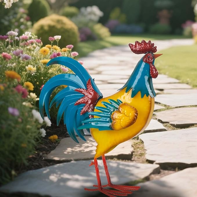 Natelf Rooster Garden Statues Outdoor Decor Metal Chicken Sculpture, Yard Art for Patio, Porch, Backyard-Rustic Farmhouse Decoration Unique Gifts for Mom, Grandma, Garden Lovers