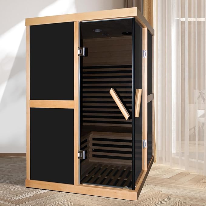 Far Infrared Sauna 2 Person Home Sauna Two Person Sauna 1980W/110V Low EMF Canadian Hemlock Wood Indoor Dry Sauna, With LCD Control Panel/APP/LED lights/Speaker/Grey Glass Door - 47.2*47.2*75.6 IN