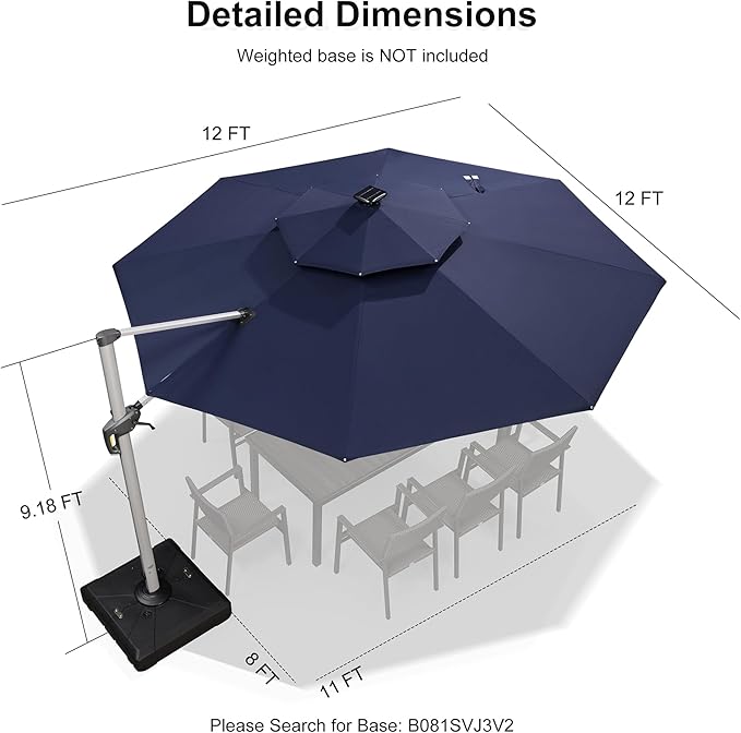 PURPLE LEAF 12ft Solar powered LED Patio Umbrella Outdoor Round Umbrella Large Cantilever Umbrellas with LED lights Windproof Offset Umbrellas Sun Umbrella for Garden Deck Pool Patio, Navy Blue