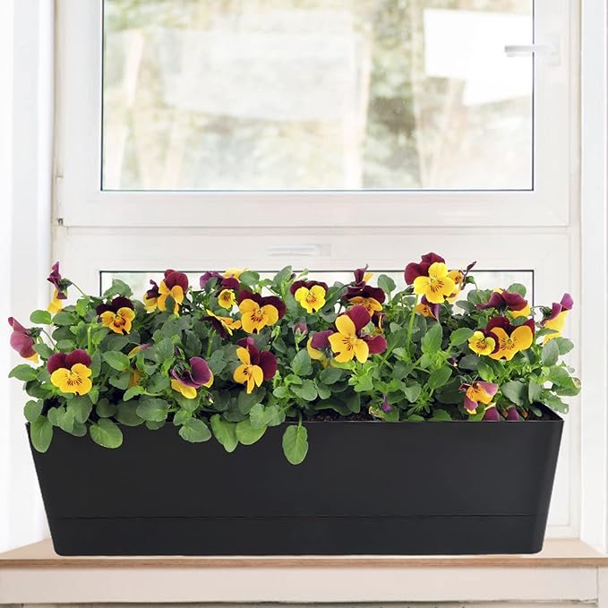 GREANER Window Boxes Planters, 3PCS 16x3.8 Inch Black Rectangle Planters Box with Drainage Holes and Trays, Herb Succulents Flowers Plastic Pot for Windowsill, Garden, Balcony, Indoor, Outdoor Decor
