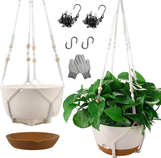 10 Inch Hanging Planters for Indoor Plants,Set of 2 Hanging Pots for Plants with Self-Watering, Outdoor Hanging Plant Pot with Drainage and 2 Kinds of Hanging Baskets Hangers for Home Decor and Garden