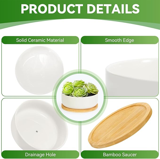 ZOUTOG Plant Pot 6 Inch, Ceramic Succulent Pots for Flower with Drainage Hole & Bamboo Tray, Higher White Round Pack of 2 with Home, Office, Indoor or Outdoor Decor - Plants Not Included