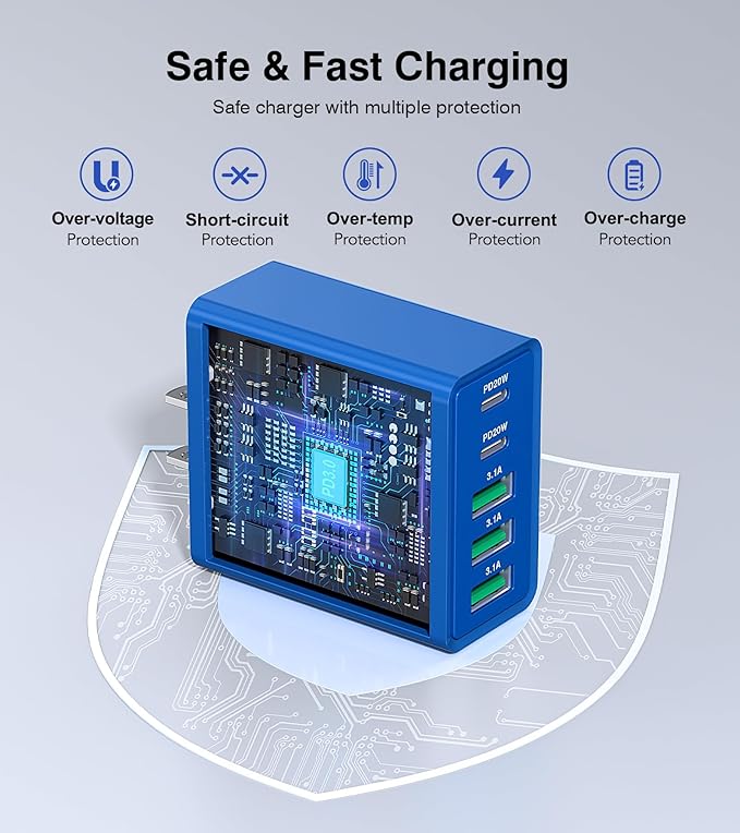 USB C Wall Charger, 50W USB C Charger Block 2-Pack 5-Port PD Fast Charging Blocks,Multiport 2USB C+3USB A Plug,Type C Power Adapter Brick Cube for iPhone 16/15/14/13,Samsung,for Switch(Dark Blue)