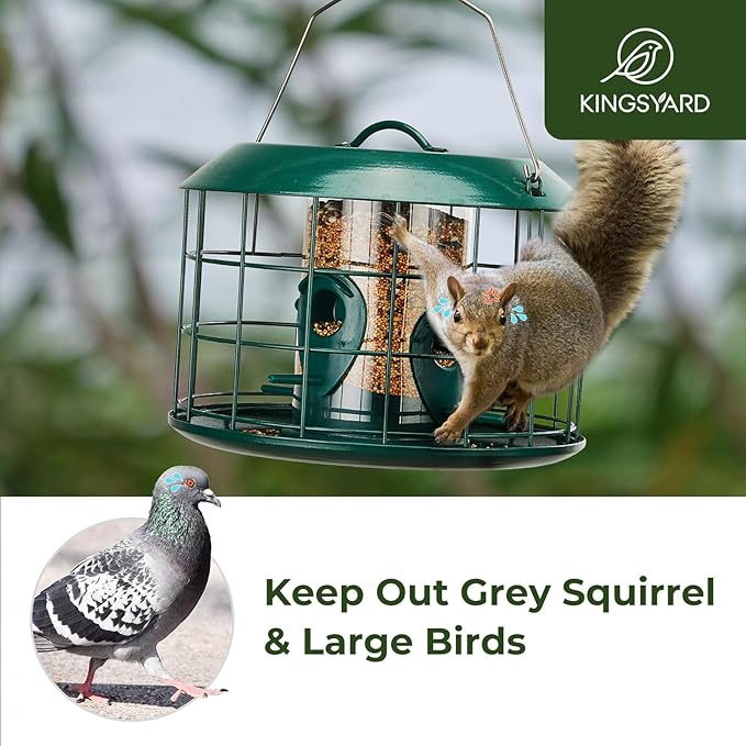 Kingsyard Mesh Caged Bird Feeders for Outdoor Hanging, Tube Squirrel Proof Bird Feeders with Seed Tray for Small Birds Finches Bluebird, Rain Proof Covered, 4 Feeding Ports, Green