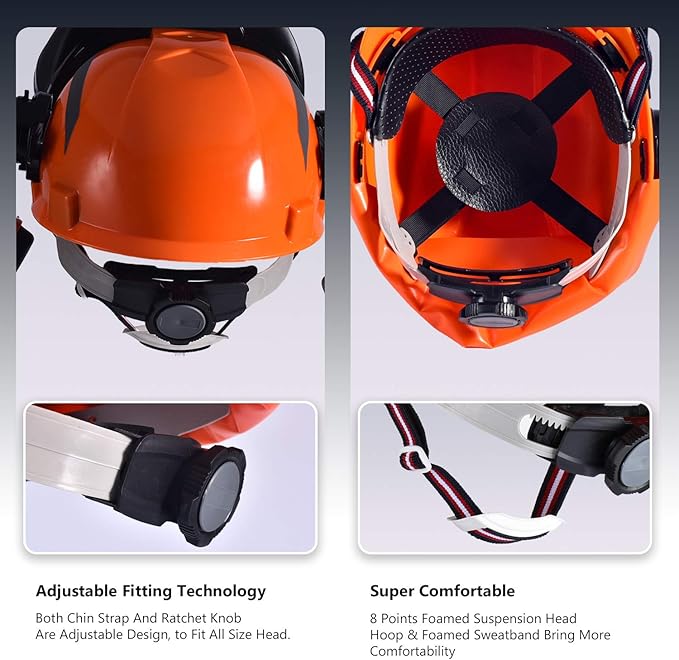 SAFEYEAR Forestry Hard Hat, Cap Style Chainsaw Safety Helmet with 4 Point Ratchet Suspension for Women & Men, with Adjustable Ear Muffs & Face Shield Visor, Neck Shade,Anti Impact Work Gloves