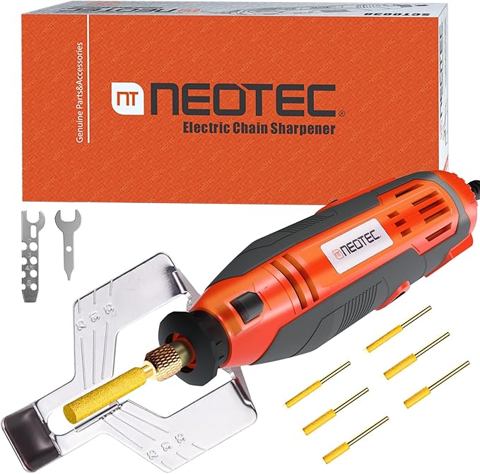 NEOTEC Electric Chainsaw Sharpener Kit Multi-Purpose Chain Saw Sharpener Tool with 6 Titanium-Plated Diamond Bits Saves Time Easy to Use De Cadena De Motosierra for All Chainsaw Chains