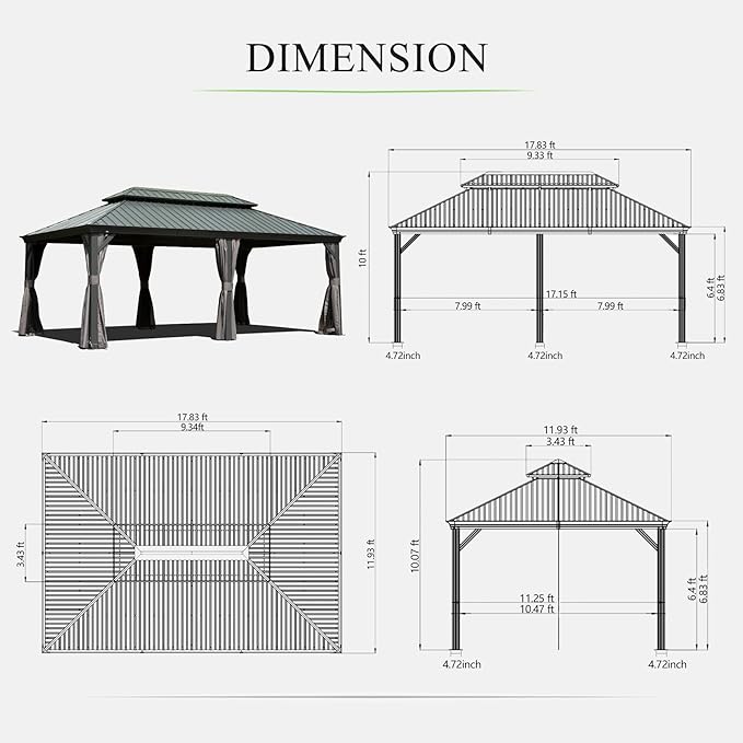 Domi 12'x18' Hardtop Gazebo Canopy Metal,Outdoor Aluminum Gazebo with Galvanized Steel Double Roof,Permanent Gazebo Pavilion for Patio Deck Backyard,Curtain and Netting,Grey