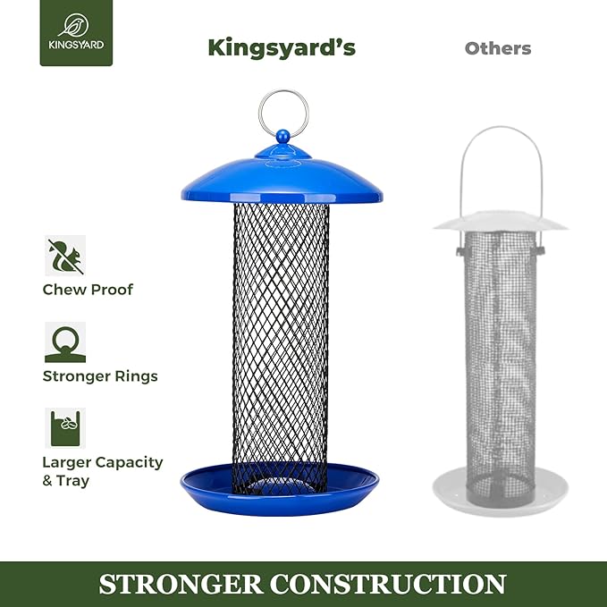 Kingsyard Mesh Tube Bird Feeders for Outdoors Hanging, All Metal, Wild Bird Feeder for Sunflower Seeds or Mealworm, Large Tray & Weatherproof Roof, 2.5 lbs Capacity (Blue)