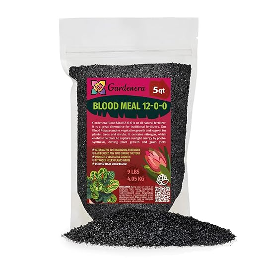 Premium 12-0-0 Organic Blood Meal Fertilizer by Gardenera - All-Natural Plant Food Source of Nitrogen for Organic Gardening, Flowers, Vegetables, Trees & Shrubs - 5 Quart
