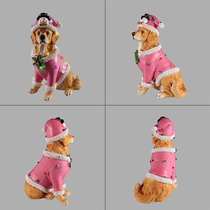 Christmas Outdoor Decoration Dog Statue, LED Light Cute Golden Retriever Dog Sculpture with Pink Santa Outfit & Lights for Garden and Yard, Indoor Holiday Décor Gift for mom and dad