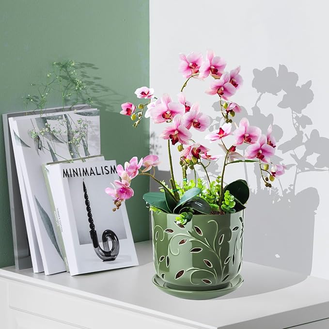 EFISPSS Orchid Pots with Holes, 7 Inch Orchid Pots with Drainage Holes and Tray, Indoor or Outdoor Large Pot for Orchid Care,Durable for Repotting or New Plants - Green