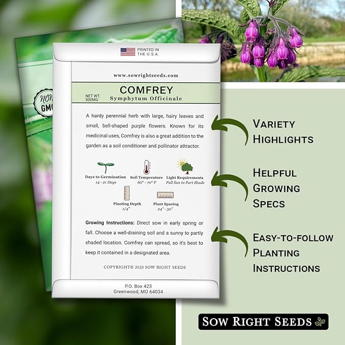 Sow Right Seeds - Comfrey Seeds for Planting - Non-GMO Heirloom Packet with Instructions to Plant an Outdoor or Indoor Herb Garden - Roots & Leaves for Home Remedies - Medicinal Salve, Oil, Tea (1)
