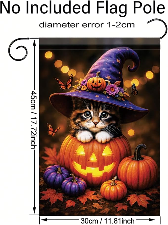 Fall Halloween Garden Flag Kitten Cat Flag 12x18 Inch Double-Sided Cute Pumpkin Witch Hat Yard Banner Autumn Outdoor Decor for Porch Lawn Pathway Cat Lover Holiday Gift