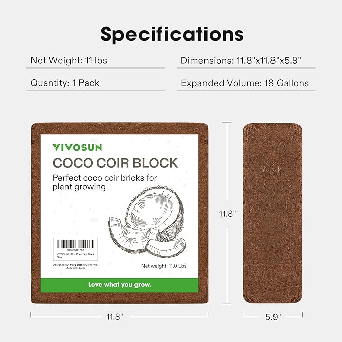 VIVOSUN Coco Coir Brick, 11lbs 100% Natural Organic Compressed Coconut Coir Fiber with Low EC, PH Balance & High Nutrition, Coconut Fiber Substrate, Coconut Soil for Plants