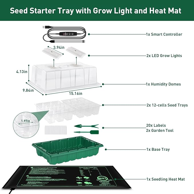 Verdenu Seed Starter Tray with Grow Lights and Heat Mat, Extra Large 24-Cell Seed Growing Tray with heightened Lid, Seed Trays with Humidity Domes for Propagation and Germination for Indoor Plants