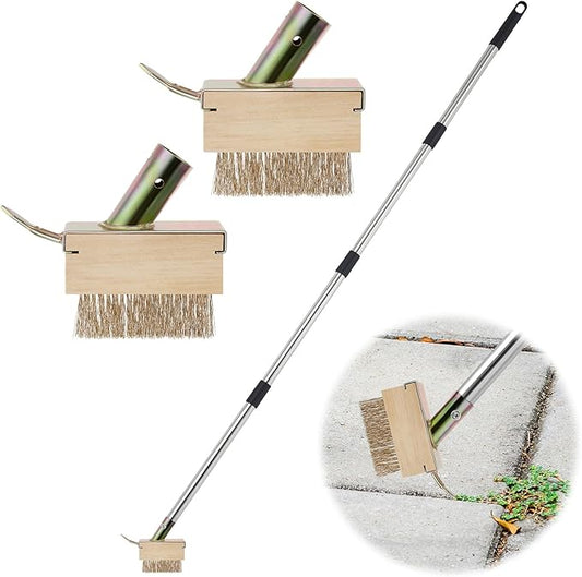 Tandefio Crack Weeder with 2 Weed Brush Heads, Long Manual Crevice Weeding Tool, Manual Weeder Moss Weed Remover Puller Tool Grout Brush with Steel Handle for Deck Paver Patio Walkway Driveway Wall
