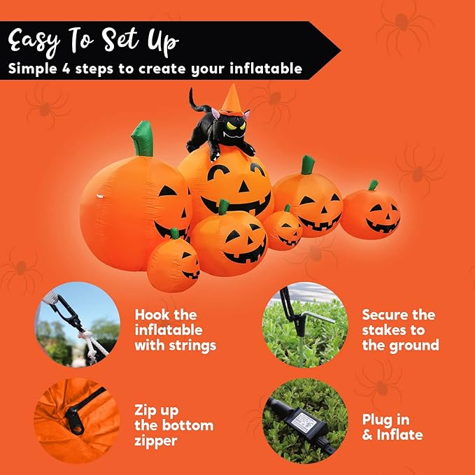 Joiedomi 7 FT Long Halloween Inflatables Pumpkin Outdoor Decorations, 7 Pumpkins Outside Decoration with Witch's Cat with Build-in LEDs Blow Up Inflatables for Party Yard Lawn Garden Decor