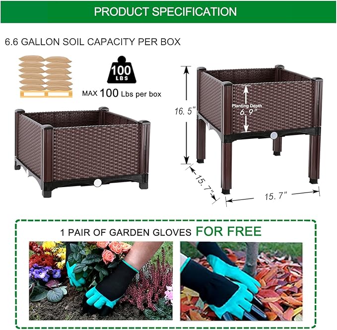 Emalie Raised Garden Beds Elevated Plastic Planter Box with Drainage Plugs Perfect for Vegetables Flowers Herbs Growing Outdoor, 31.5" Lx15.7 Wx16.5 H Brown