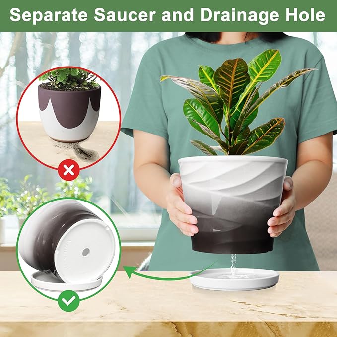 6.7 + 5.5 Inch Plant Pot, Ceramic Planter with Drainage and Saucer,Ceramic Pots for Plants, Indoor Plant pots,Ceramic Flower pots(Dark Gray+White)