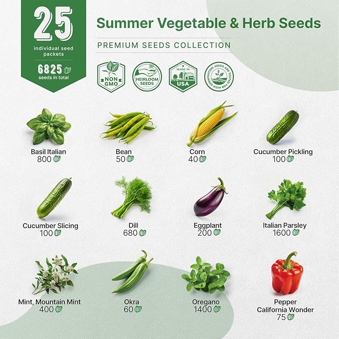 25 Summer Vegetable & Herb Garden Seeds Variety Pack - 6,820+ Non-GMO Heirloom Veggie & Herb Seeds for Outdoors and Indoor Home Gardening: Tomato, Pepper, Okra, Bean, Cucumber, Basil, Rosemary