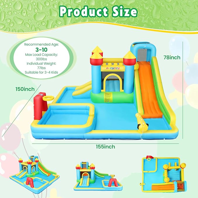 AKEYDIY Inflatable Water Slide Bounce House for Kids 3-12, Mega Water Bounce House Park w/ 2 Slides, Splash Pool & Deep Pool, Basketball Hoop, Water Cannon, 8 in 1 Backyard Water Park with Blower