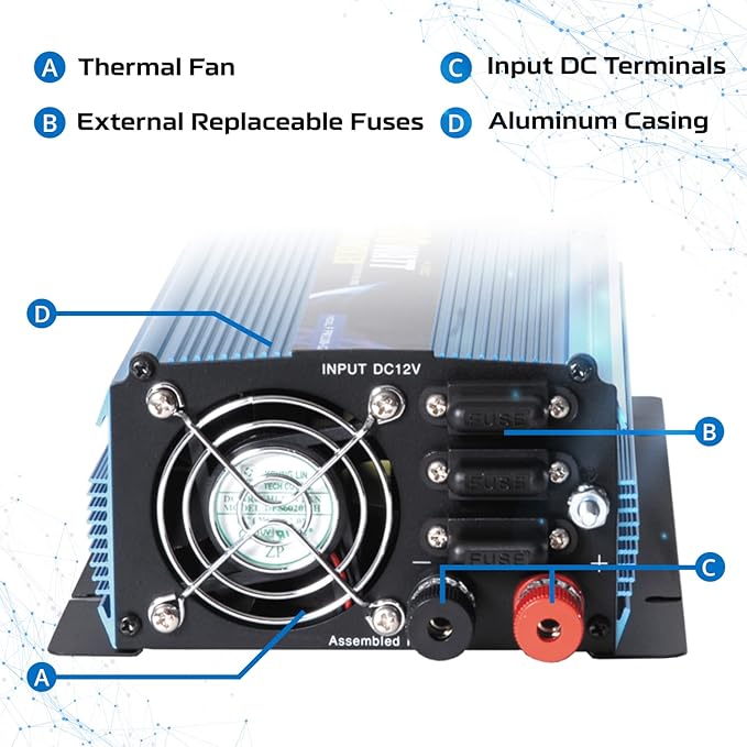 PowerBright 1000W Power Inverter DC 12V to 120V AC Car Inverter Power Converter with Dual 120 Volt AC Outlets. Easy to Install, Automotive Back Up Power Supply for Televisions, Blenders, Power Tools