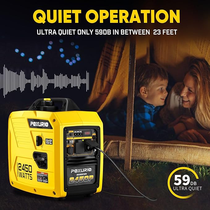 2450-Watt Portable Inverter Generator for Home Use, 6L/1.6Gallon Large Fuel Tank Up to 8.3 Hours Use, 120V Gas Powered Generator Super Quiet - EPA Compliant,Yellow