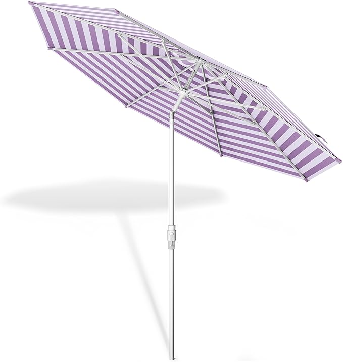 Midtown Umbrellas The Swilt 9 Feet Patio Umbrella in Terylast Midtown Stripes Purple/White Polyester Fabric - Fiberglass Ribs, Auto-Tilt Aluminum Frame For Backyard, Deck, Garden, Pool - White Pole