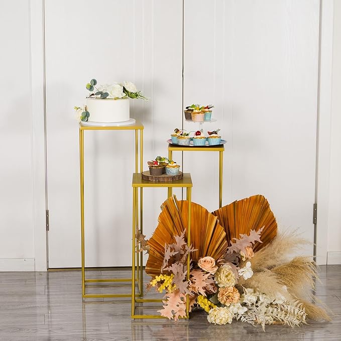 VINCIGANT Gold Pedestal Stand for Party ,Set of 3 Metal Plant Stand Tall Cake Cylinder Pedestal Stand for Wedding Flower Vase , Corner Planter Pot Rack for Living Room Patio Decor
