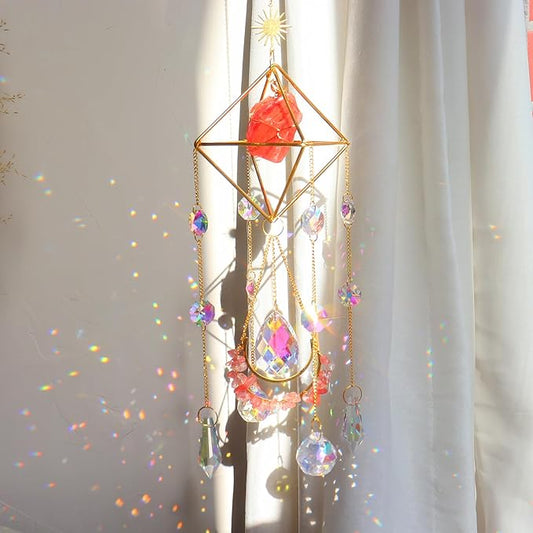 Healing Crystal Suncatchers Hanging Wind Chime Style Garden Suncatcher Rainbow Maker Gold Plated Sun Catcher Decor for Home Indoor Outdoor Gift (RED)