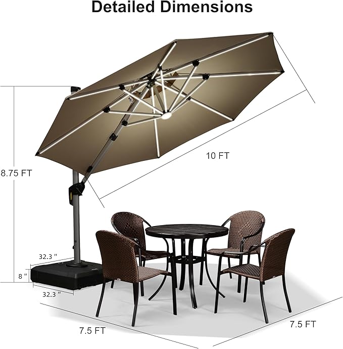 PURPLE LEAF 10ft Patio Umbrella With Base Solar powered LED Cantilever Umbrella with LED lights Windproof Outdoor Offset Umbrella for Garden Deck Pool Patio, Beige
