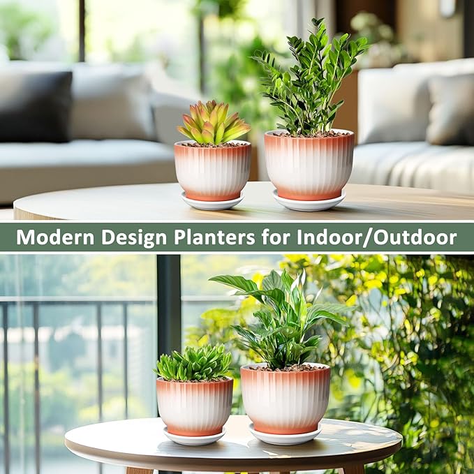 6.7 + 5.5 Inch Plant Pot, Ceramic Planter with Drainage and Saucer, Ceramic Pots for Plants, Indoor Plant pots,Ceramic Flower pots(Orange + White, Plants NOT Included)
