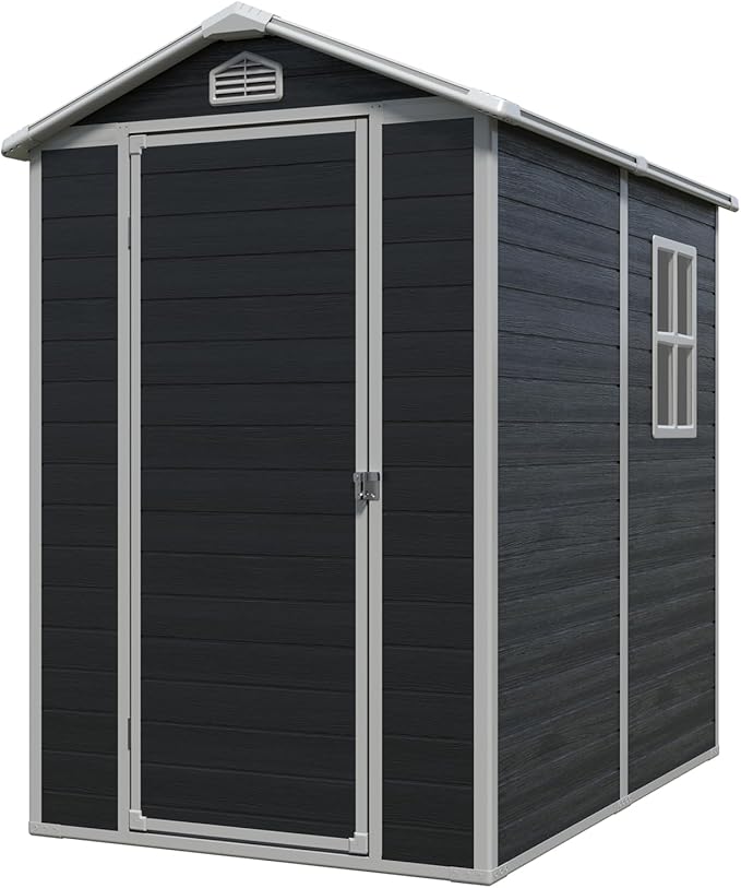 4x6ft Outdoor Storage Shed, Resin Patio Furniture Storage with Lockable Door, All-Weather,Garden Shed Kit with Reinforced Floor & Natural Light Window,UV Protection (Black, 4x6ft)