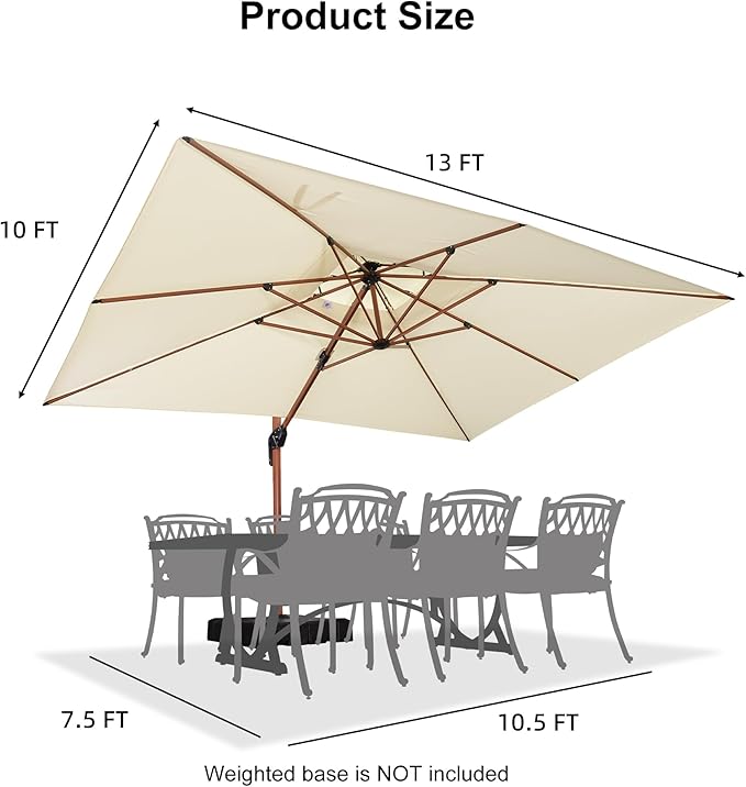 PURPLE LEAF 10' X 13' Double Top Deluxe Wood Pattern Rectangle Patio Umbrella Offset Hanging Umbrella Outdoor Market Umbrella Garden Umbrella, Cream