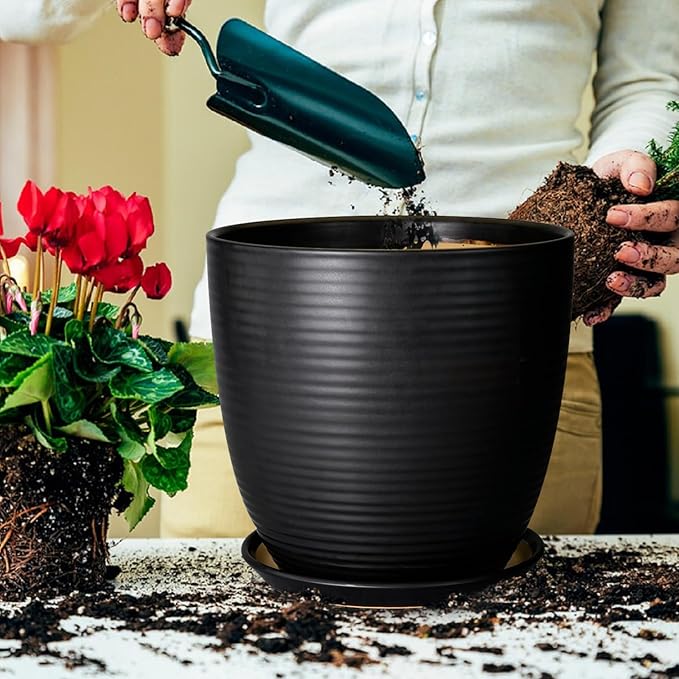 12 Inch Pots for Plants - Ceramic Planter Pot, Large Flower Pot with Drainage Hole and Saucer for Home Patio Garden Office Indoor Outdoor, Black
