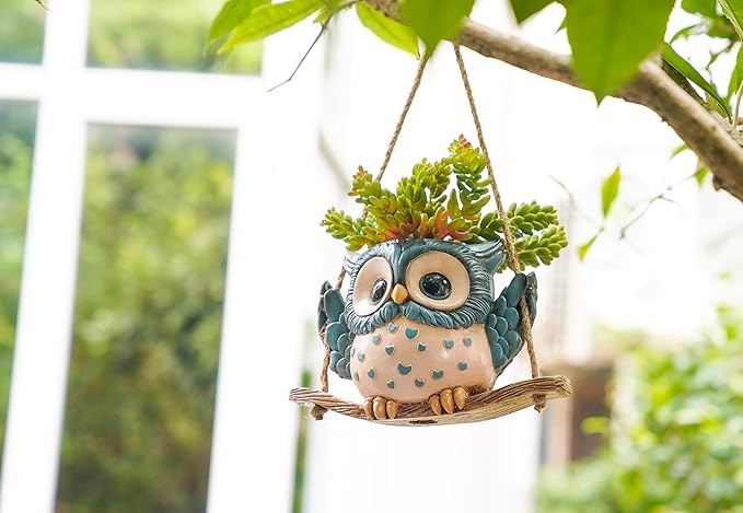 Swing Owl Hanging Planters for Indoor Plants, Cute Small Succulent Pots with Drainage Hole, Unique Resin Plant Hangers Outdoor, Hanging Plant Holder for String Of Pearls, Gift Ideas for Mother