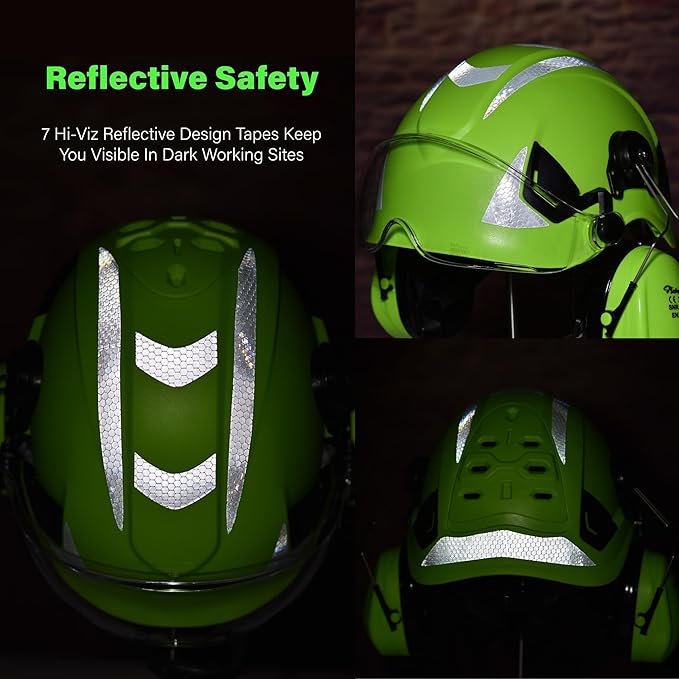 SAFEYEAR Forestry Hard Hat, Cap Style Chainsaw Safety Helmet with 4 Point Ratchet Suspension for Women & Men, with Adjustable Ear Muffs & Face Shield Visor, Neck Shade,Anti Impact Work Gloves