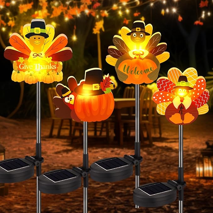 Retisee 4 Pack Thanksgiving Turkey Outdoors Cute Solar Lights Multicolor Patterned Solar Waterproof Lights Outdoor Yard Decorations Pathway Lawn Porch Fall Party Supplies for Home Yard Party Favors