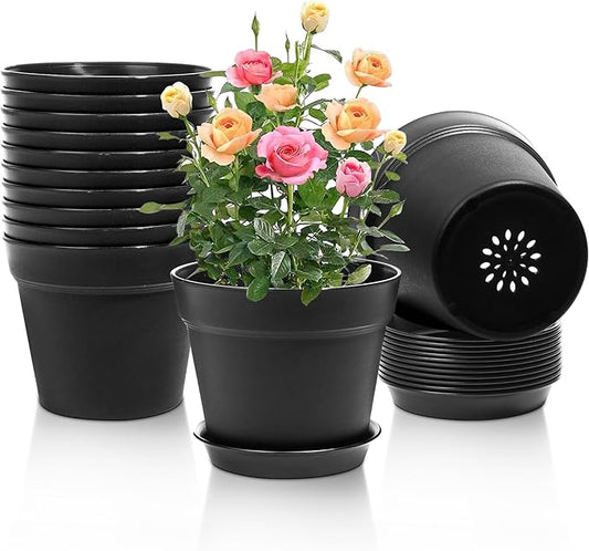 T4U 7.5 Inch Plant Pots 12-Pack - Small Plastic Planter with Drainage Hole and Saucer, Decorative Nursery Pot Bulk for African Violet, Snake Plant, Succulent and All House Plants Indoor (Black)