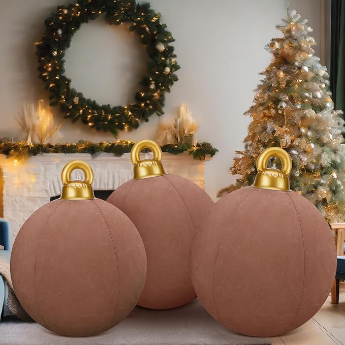 Jetec 3 Pcs 32 Inch Giant Velvet Christmas Inflatable Balls Ornament Flocked Xmas PVC Inflatable Flocked Ball Ornaments for Christmas Holiday Outdoor Blow up Yard Decor(Brown)