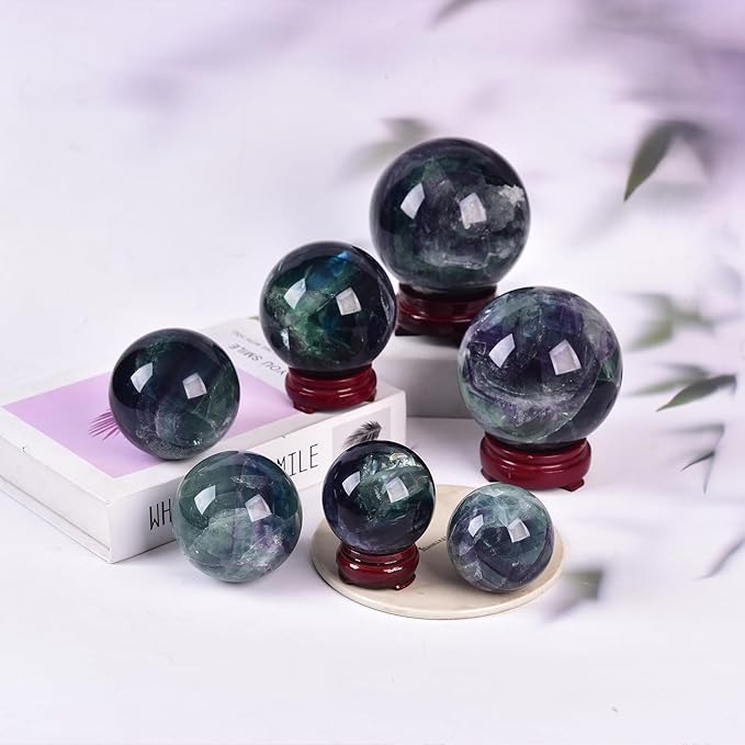 JIC Gem Colorful Fluorite Crystal Ball with Wooden Stand Healing Crystal Sphere Ball for Feng Shui Decor Spiritual Gifts 70-80mm