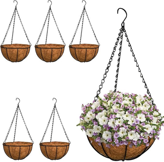 ZeeDix 6 Pack 10 Inch Metal Round Hanging Planter Basket with Coconut Liners Replacement, Hanging planters Baskets with Natural Coco Liner for Outdoor Indoor Planters Flowers Vegetables